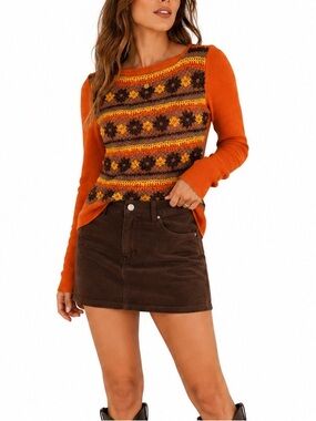 Mondisita Orange Floral Crochet Wool Sweater 70s Boho Grannycore Retro